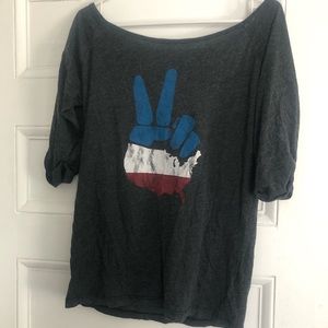 Off the shoulder peace sign t shirt